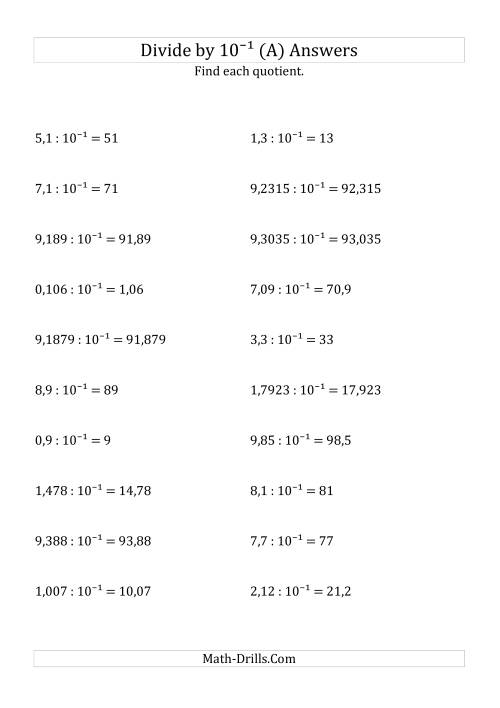 The Dividing Decimals by 10<sup>-1</sup> (A) Math Worksheet Page 2