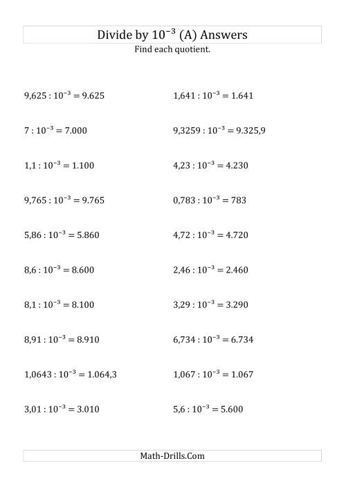 The Dividing Decimals by 10<sup>-3</sup> (A) Math Worksheet Page 2