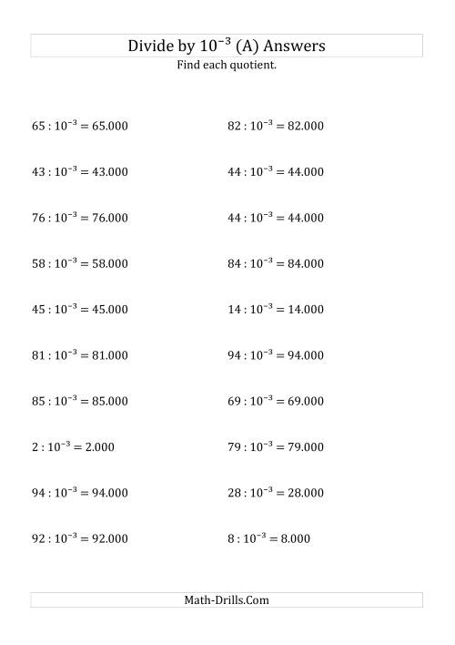 The Dividing Whole Numbers by 10<sup>-3</sup> (A) Math Worksheet Page 2