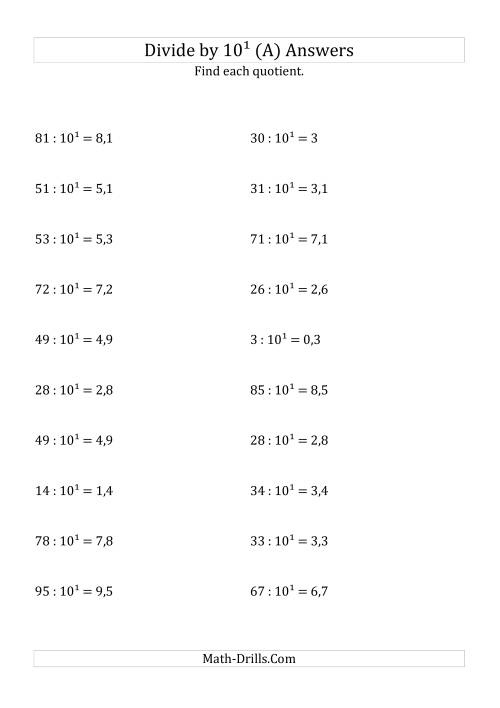 The Dividing Whole Numbers by 10<sup>1</sup> (A) Math Worksheet Page 2