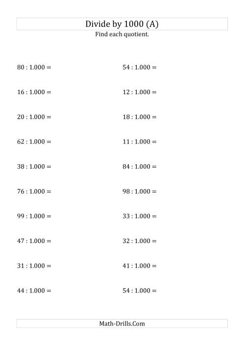 The Dividing Whole Numbers by 1.000 (A) Math Worksheet