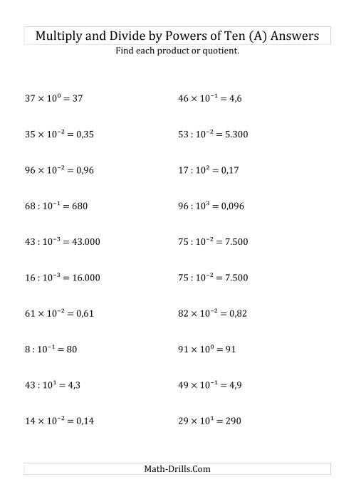The Multiplying and Dividing Whole Numbers by All Powers of Ten (Exponent Form) (A) Math Worksheet Page 2
