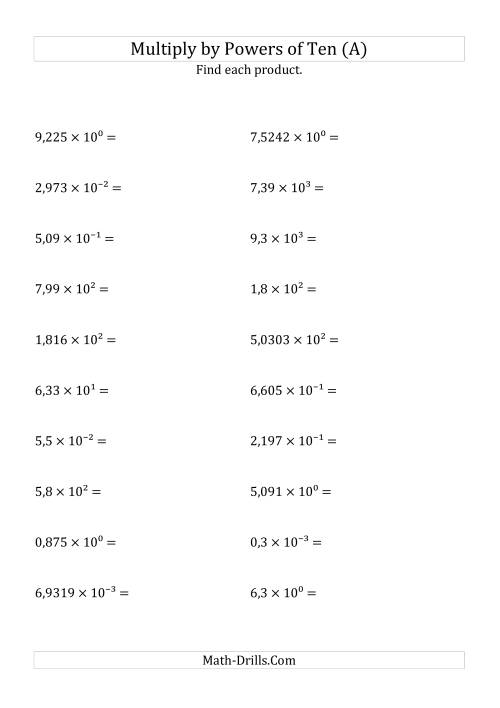 The Multiplying Decimals by All Powers of Ten (Exponent Form) (A) Math Worksheet