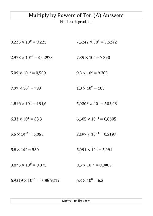 The Multiplying Decimals by All Powers of Ten (Exponent Form) (A) Math Worksheet Page 2