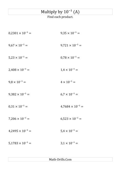 The Multiplying Decimals by 10<sup>-1</sup> (A) Math Worksheet