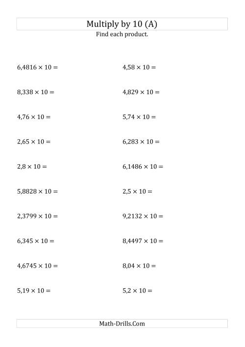 The Multiplying Decimals by 10 (A) Math Worksheet