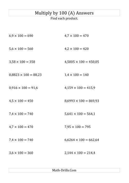 The Multiplying Decimals by 100 (A) Math Worksheet Page 2