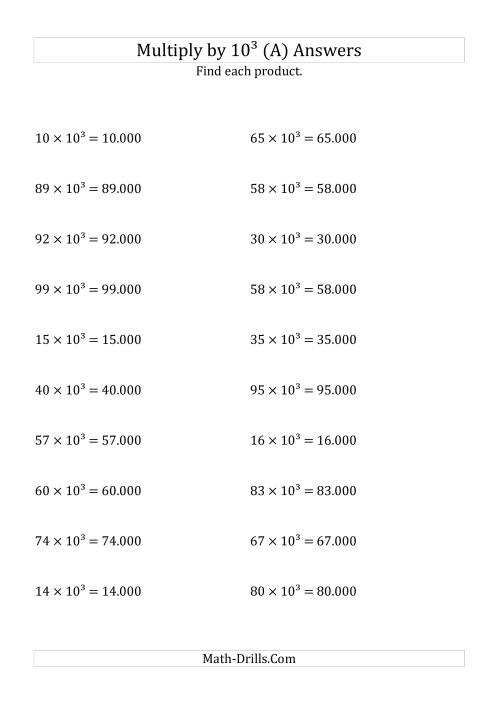 The Multiplying Whole Numbers by 10<sup>3</sup> (A) Math Worksheet Page 2