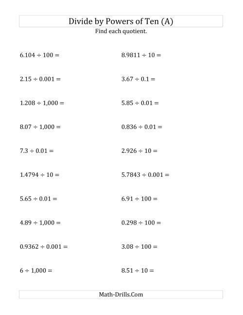 The Dividing Decimals by All Powers of Ten (Standard Form) (A) Math Worksheet