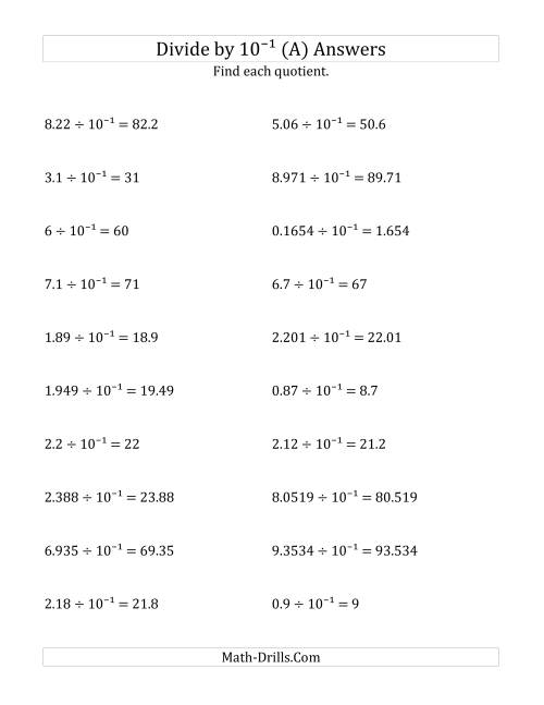 The Dividing Decimals by 10<sup>-1</sup> (A) Math Worksheet Page 2
