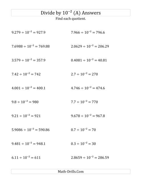 The Dividing Decimals by 10<sup>-2</sup> (A) Math Worksheet Page 2