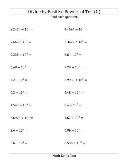 The Dividing Decimals by Positive Powers of Ten (Exponent Form) (G) Math Worksheet