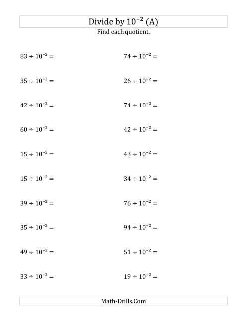 The Dividing Whole Numbers by 10<sup>-2</sup> (A) Math Worksheet