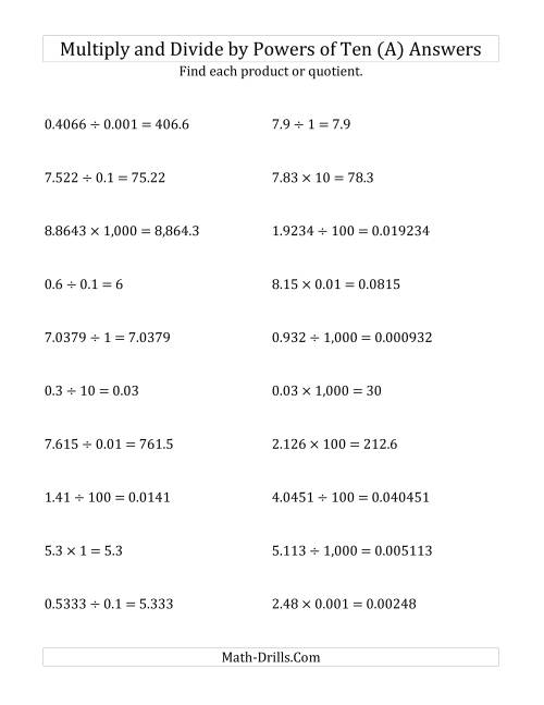 The Multiplying and Dividing Decimals by All Powers of Ten (Standard Form) (A) Math Worksheet Page 2