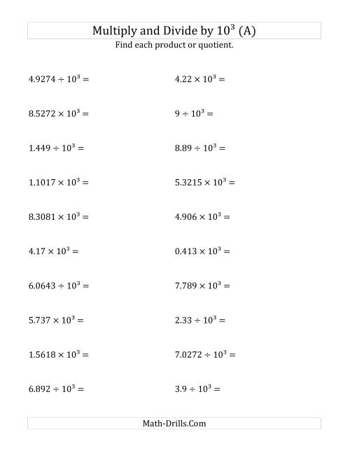The Multiplying and Dividing Decimals by 10<sup>3</sup> (A) Math Worksheet