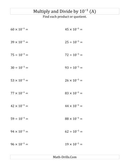 The Multiplying and Dividing Whole Numbers by 10<sup>-1</sup> (A) Math Worksheet