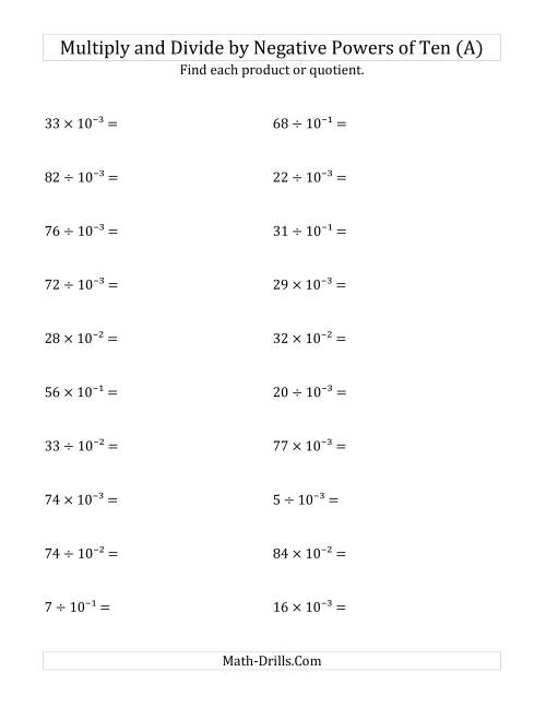 The Multiplying and Dividing Whole Numbers by Negative Powers of Ten (Exponent Form) (A) Math Worksheet