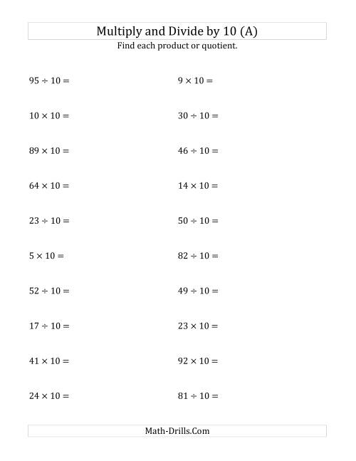 The Multiplying and Dividing Whole Numbers by 10 (A) Math Worksheet