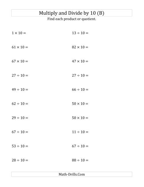 The Multiplying and Dividing Whole Numbers by 10 (B) Math Worksheet