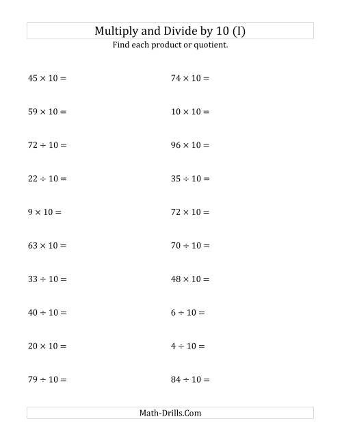 The Multiplying and Dividing Whole Numbers by 10 (I) Math Worksheet