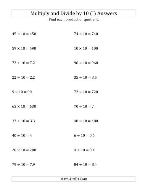 The Multiplying and Dividing Whole Numbers by 10 (I) Math Worksheet Page 2