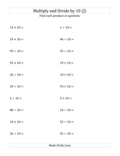 The Multiplying and Dividing Whole Numbers by 10 (J) Math Worksheet