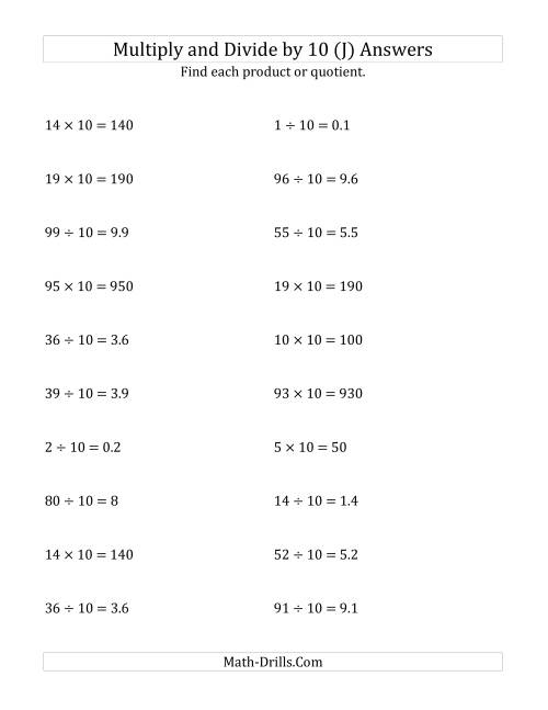The Multiplying and Dividing Whole Numbers by 10 (J) Math Worksheet Page 2