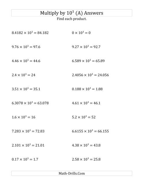 The Multiplying Decimals by 10<sup>1</sup> (A) Math Worksheet Page 2