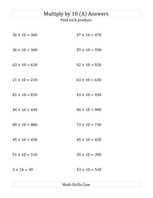 The Multiplying Whole Numbers by 10 (A) Math Worksheet Page 2