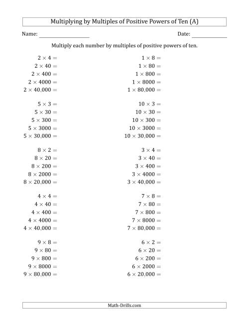 The Learning to Multiply Numbers (Range 1 to 10) by Multiples of Positive Powers of Ten in Standard Form (A) Math Worksheet