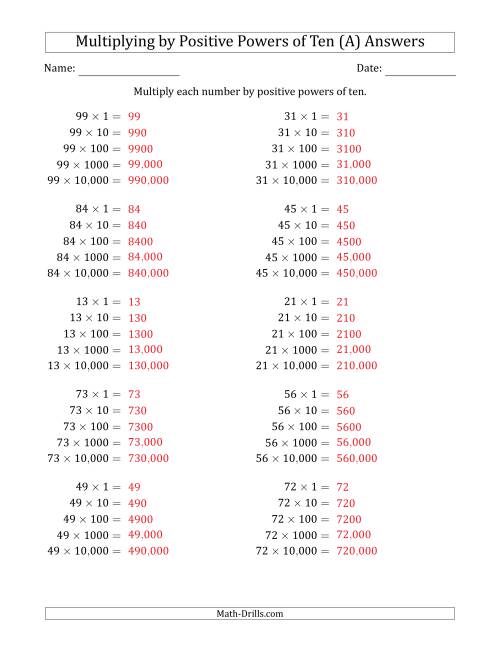 The Learning to Multiply Numbers (Range 10 to 99) by Positive Powers of Ten in Standard Form (A) Math Worksheet Page 2