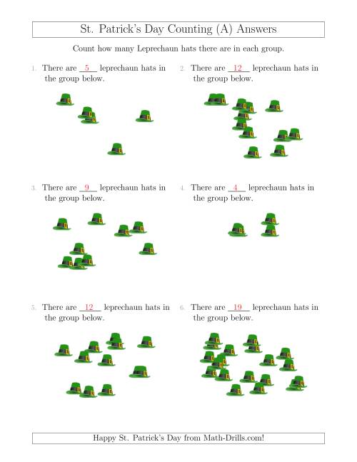 The Counting up to 20 Leprechaun Hats in Scattered Arrangements (A) Math Worksheet Page 2