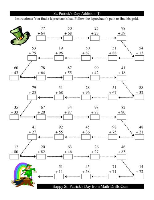 The St. Patrick's Day Follow the Leprechaun Two-Digit Addition (I) Math Worksheet