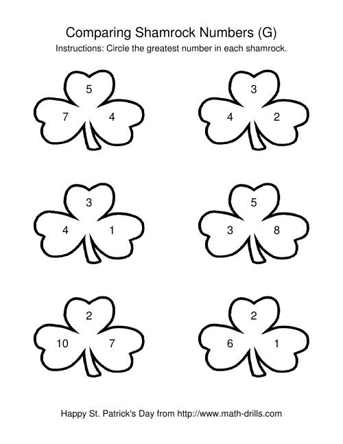 The St. Patrick's Day Comparing Numbers to 10 in Shamrocks (G) Math Worksheet