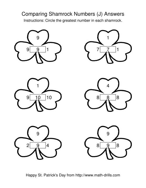 The St. Patrick's Day Comparing Numbers to 10 in Shamrocks (J) Math Worksheet Page 2