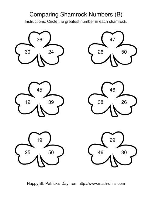 The St. Patrick's Day Comparing Numbers to 50 in Shamrocks (B) Math Worksheet
