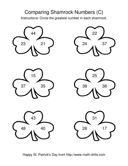 The St. Patrick's Day Comparing Numbers to 50 in Shamrocks (C) Math Worksheet