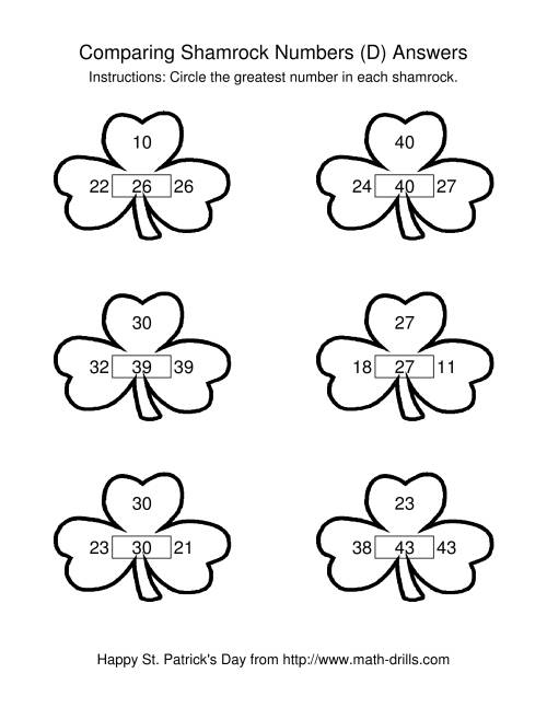 The St. Patrick's Day Comparing Numbers to 50 in Shamrocks (D) Math Worksheet Page 2