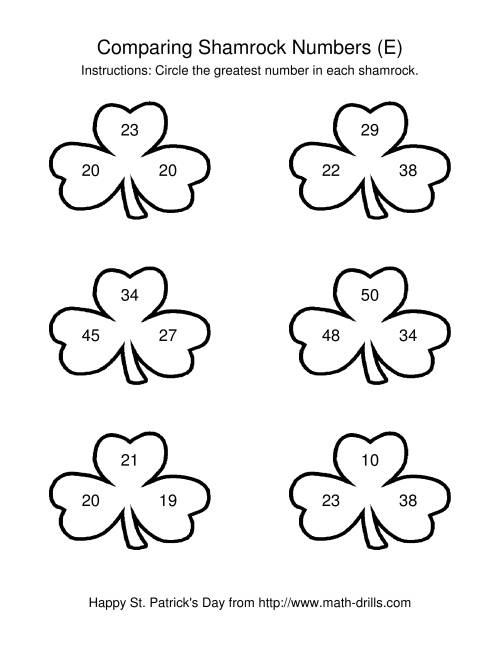 The St. Patrick's Day Comparing Numbers to 50 in Shamrocks (E) Math Worksheet