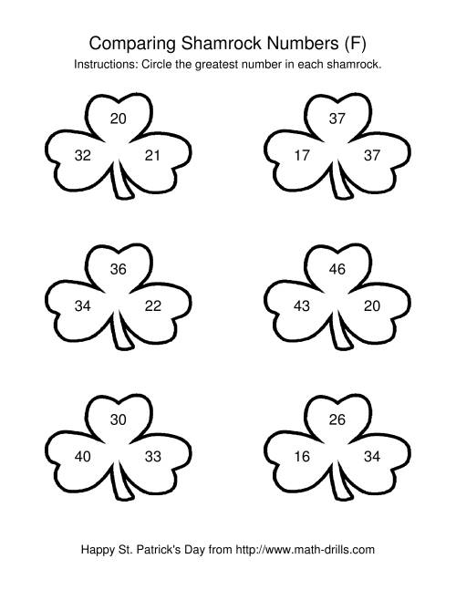 The St. Patrick's Day Comparing Numbers to 50 in Shamrocks (F) Math Worksheet