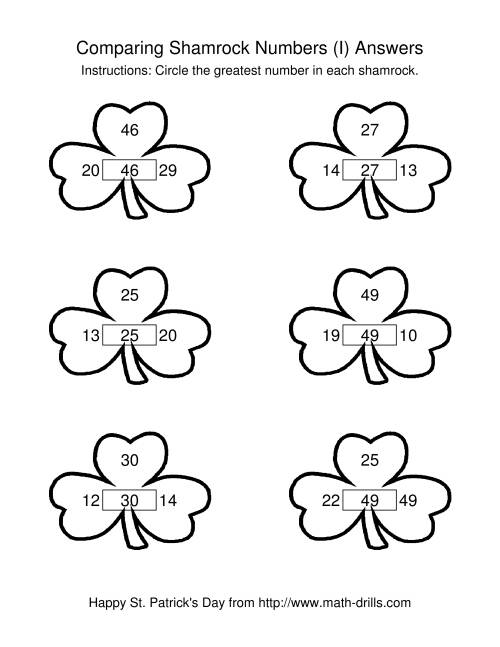 The St. Patrick's Day Comparing Numbers to 50 in Shamrocks (I) Math Worksheet Page 2