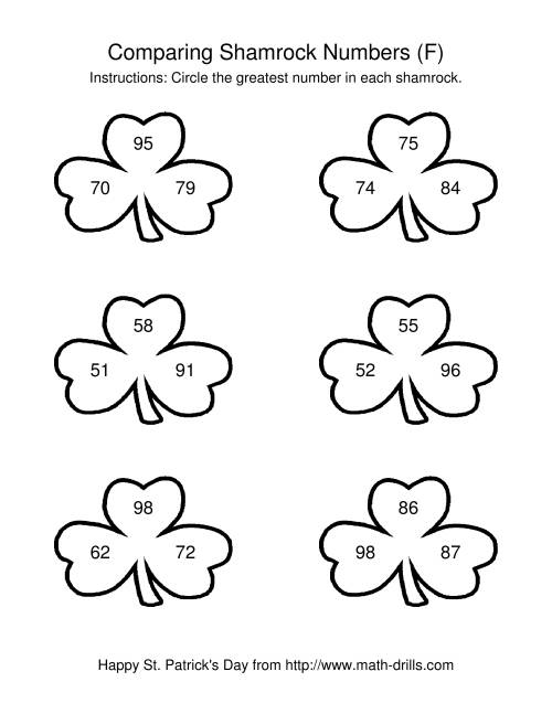The St. Patrick's Day Comparing Numbers to 100 in Shamrocks (F) Math Worksheet