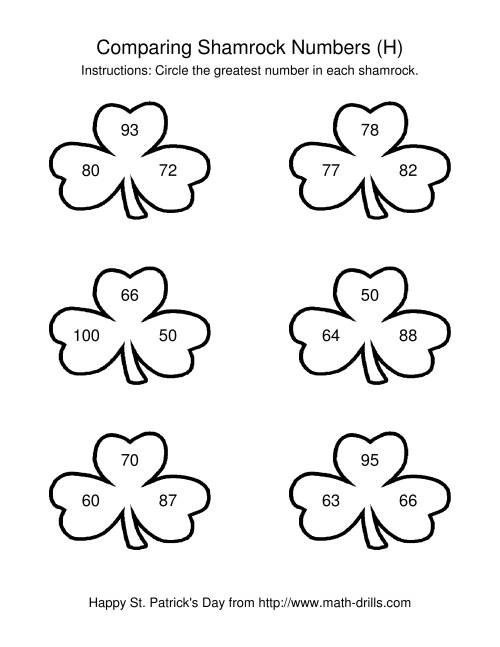 The St. Patrick's Day Comparing Numbers to 100 in Shamrocks (H) Math Worksheet