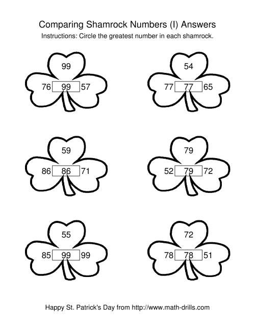The St. Patrick's Day Comparing Numbers to 100 in Shamrocks (I) Math Worksheet Page 2