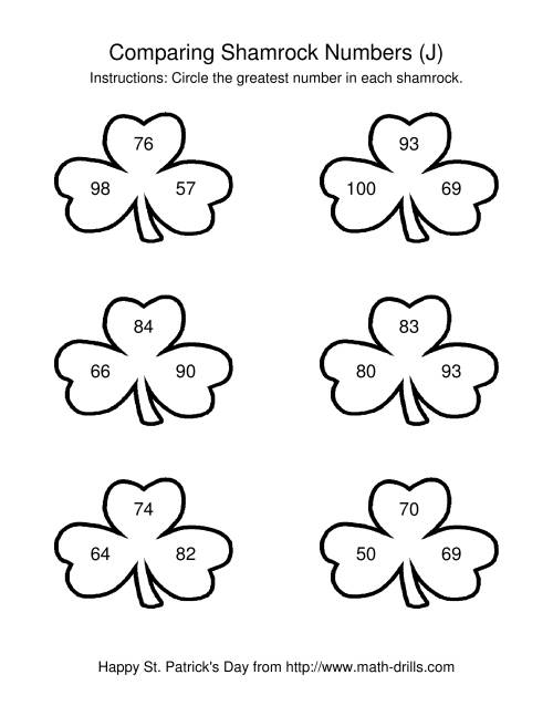 The St. Patrick's Day Comparing Numbers to 100 in Shamrocks (J) Math Worksheet