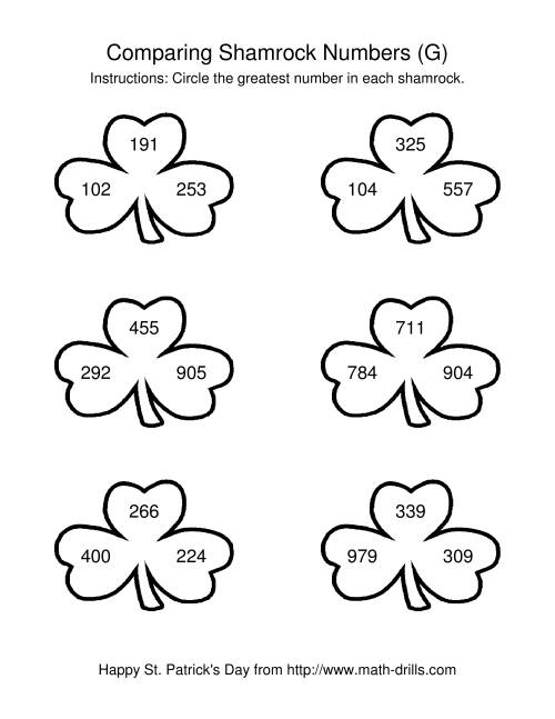 The St. Patrick's Day Comparing Numbers to 1000 in Shamrocks (G) Math Worksheet