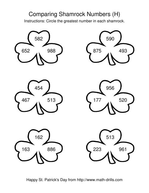 The St. Patrick's Day Comparing Numbers to 1000 in Shamrocks (H) Math Worksheet