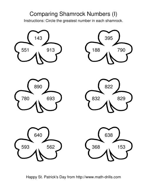 The St. Patrick's Day Comparing Numbers to 1000 in Shamrocks (I) Math Worksheet