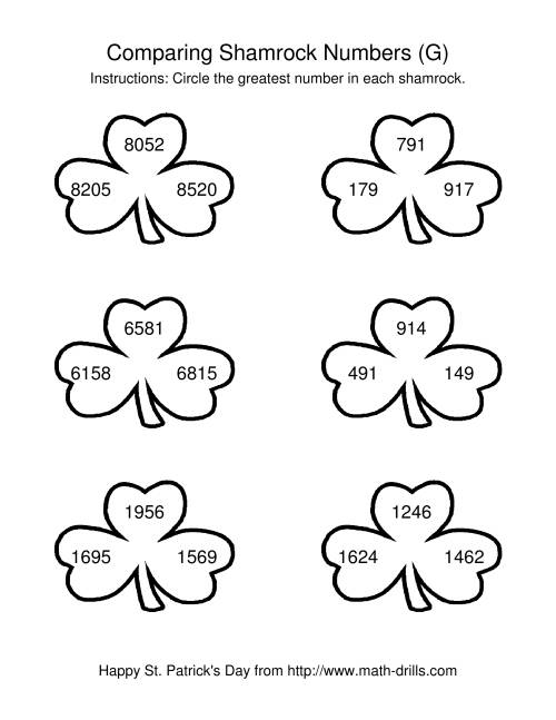 The St. Patrick's Day Comparing Tricky Numbers in Shamrocks (G) Math Worksheet