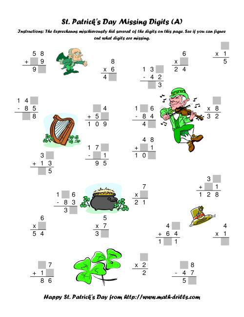 The St. Patrick's Day Mixed Operations with Missing Digits (A) Math Worksheet